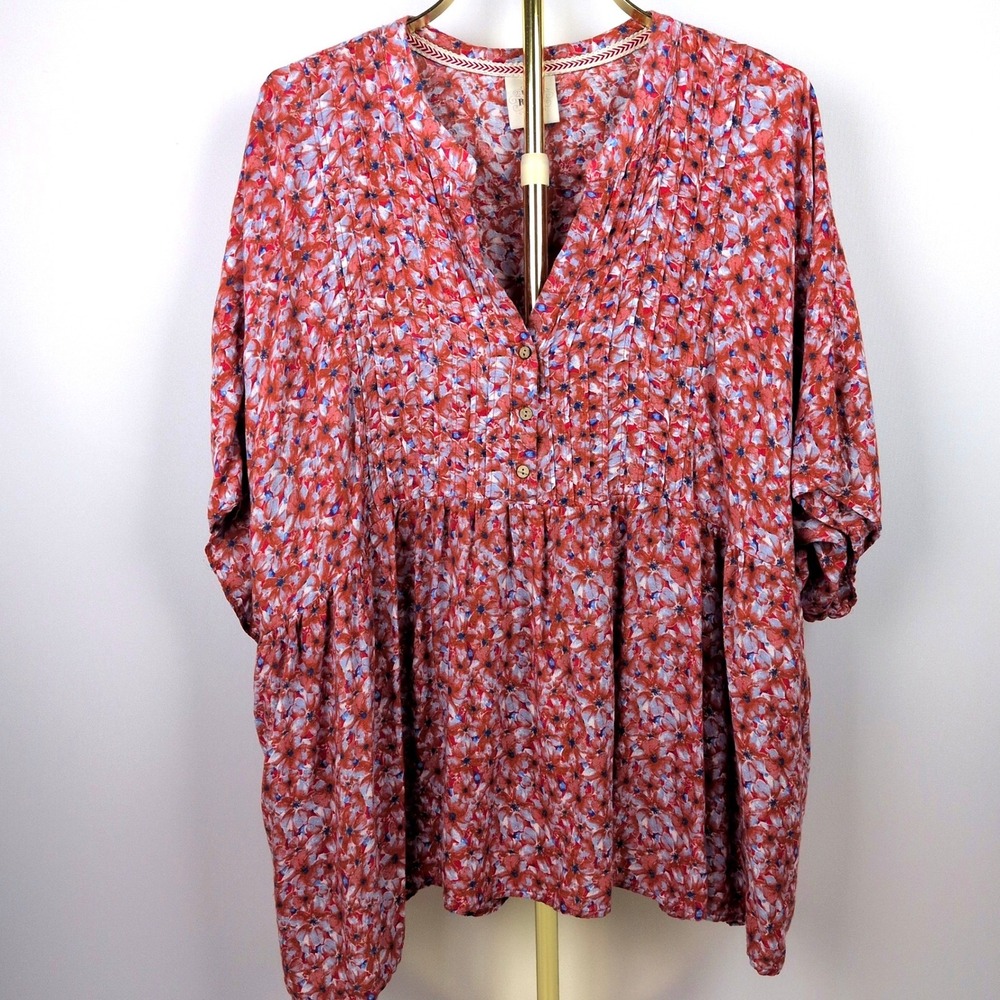 Knox Rose Womens 2X Blouse Orange Blue Floral Pintuck Rayon Flowy V-Neck Top